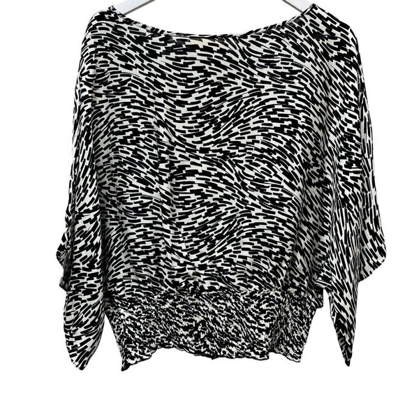 MICHAEL Michael Kors Silk Blouse Size Small Black Cream Print Flowy Smocked Hem - Picture 2 of 9